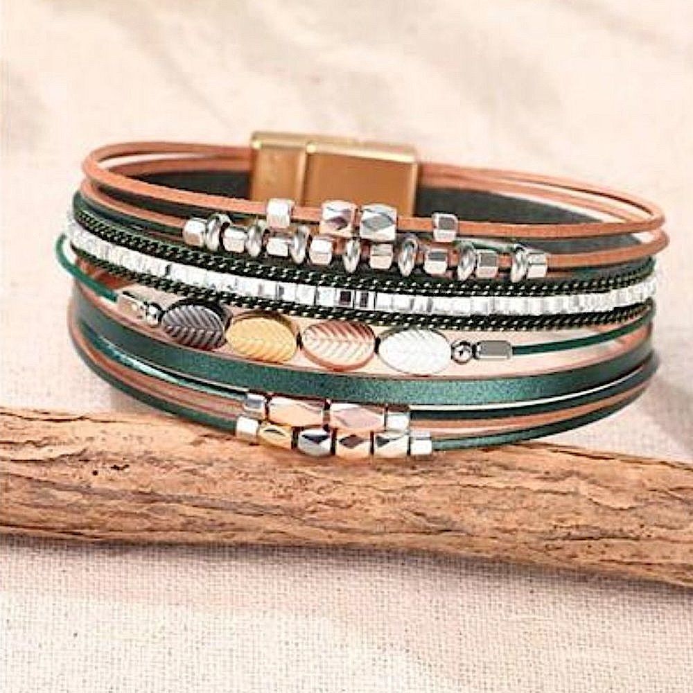 🌟Women's Jewelry Multi Layer Green Leaf & Beads Magnetic Closure Bracelet